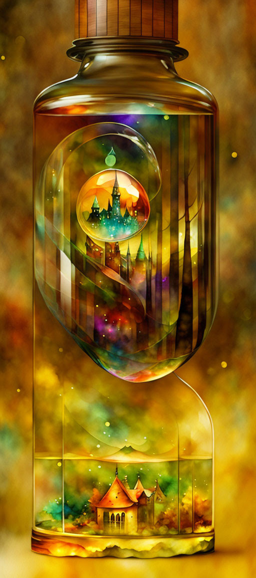 Vertical Transparent Bottle Artwork with Fantasy Landscape and Castle in Whimsical Digital Art