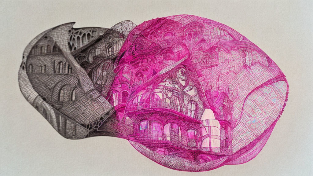 Detailed Black and Magenta Sketch of Intertwined Transparent Balloon-like Structures