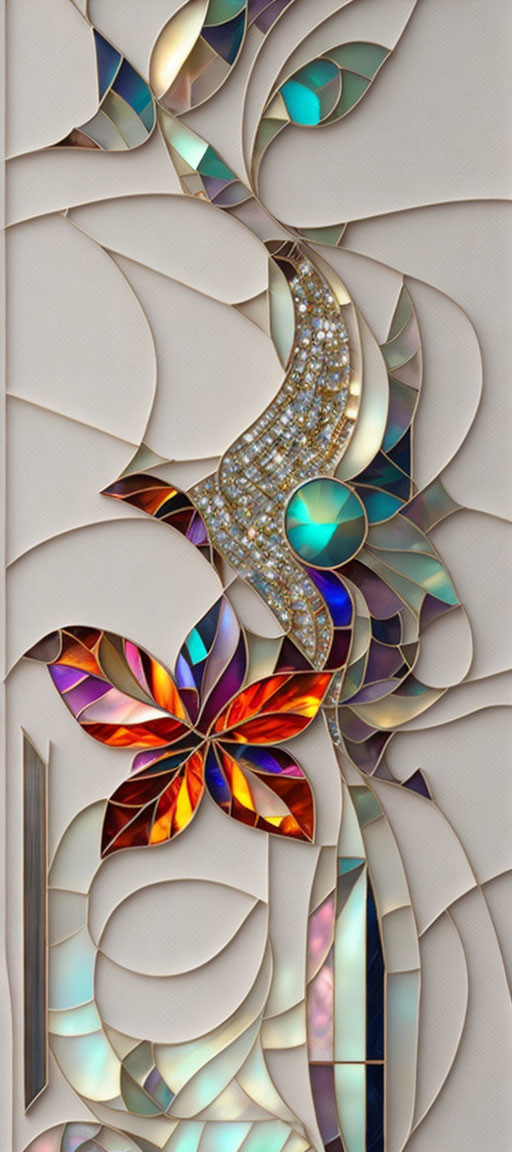 Reflective iridescent panel with abstract floral and avian design