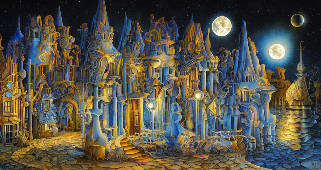 Luminous surreal cityscape with whimsical fairy tale architecture at night