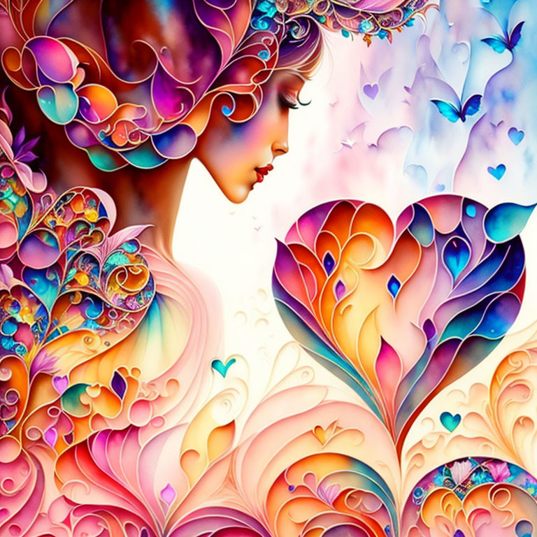 Colorful digital art: Woman with vibrant hair, butterflies, whimsical shapes, pastel palette