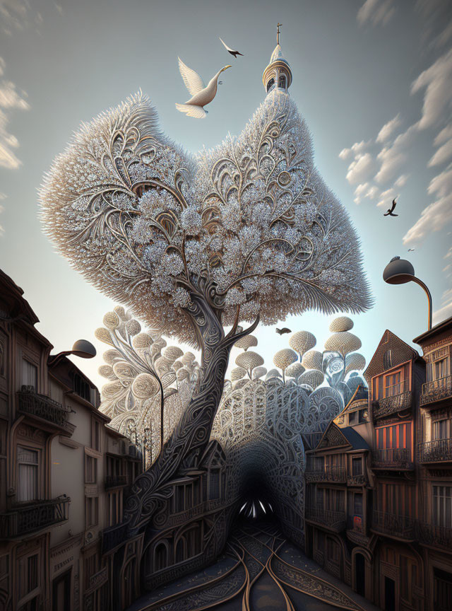 Intricately detailed tree with peacock feather-shaped branches among old European buildings under soft light and