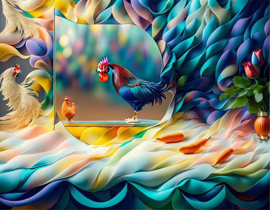 Vibrant rooster and hen in stylized artwork with tulips