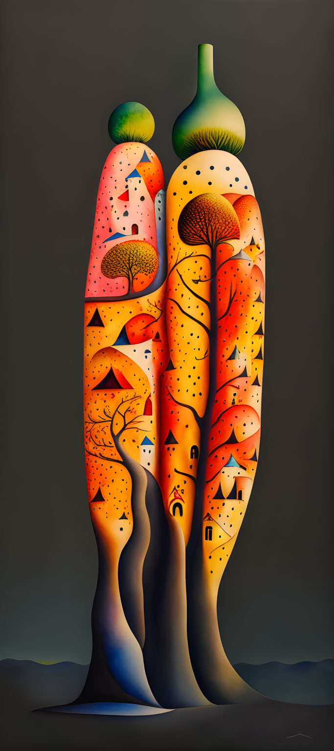 Elongated humanoid figures with tree-like patterns in warm tones