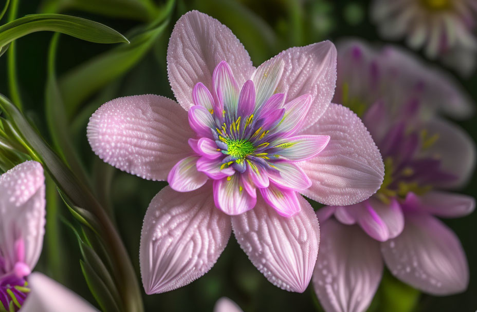 Close-Up of Dew-Speckled Pink Flower with Green and Purple Center among Similar Blooms and