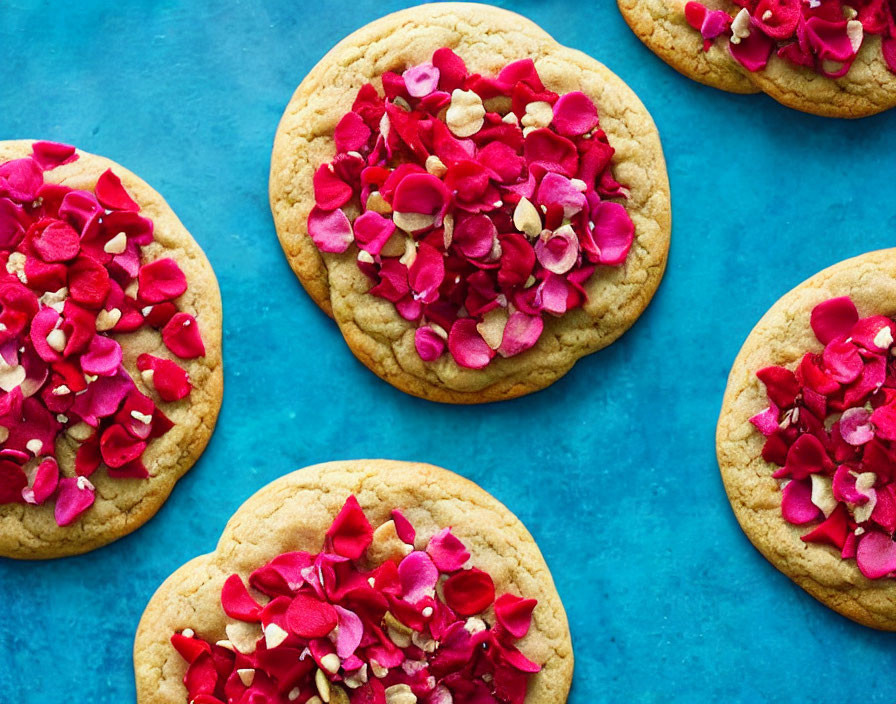 Round cookies with pink and red edible flower petals on blue background