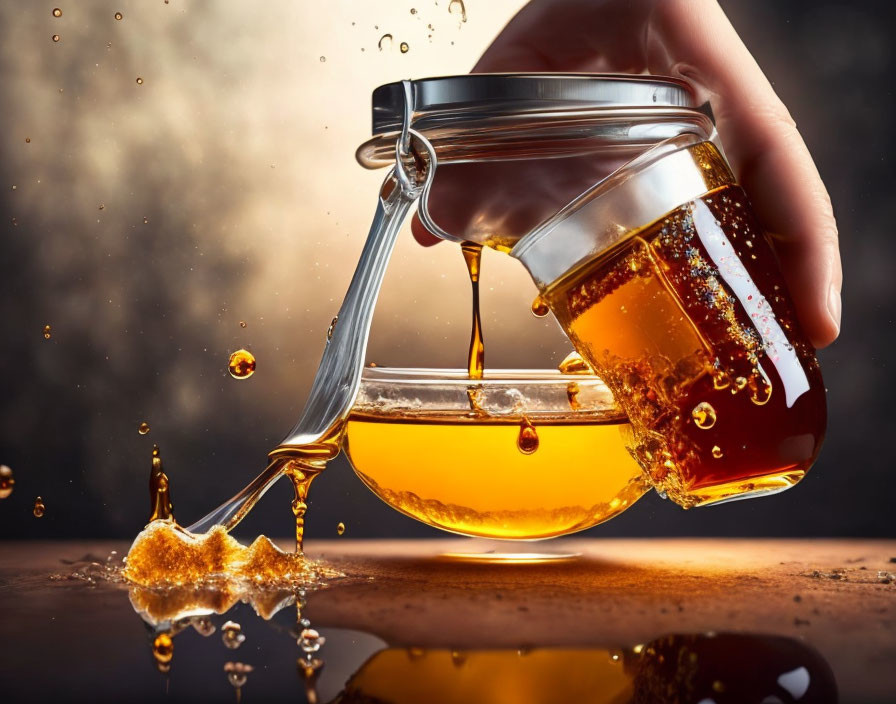 Hand pouring golden honey from glass jar, droplets mid-air on dark background
