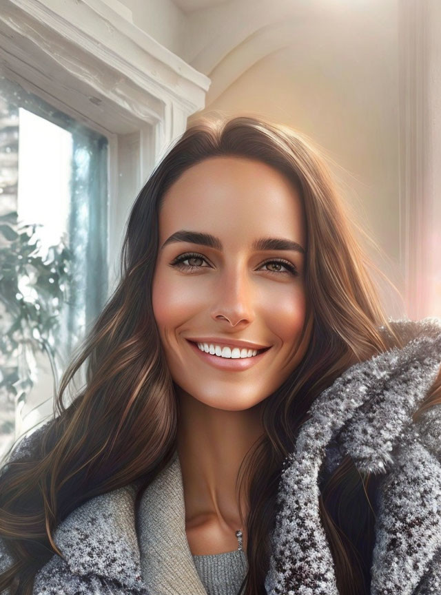 Smiling woman in grey coat with sunlit window background
