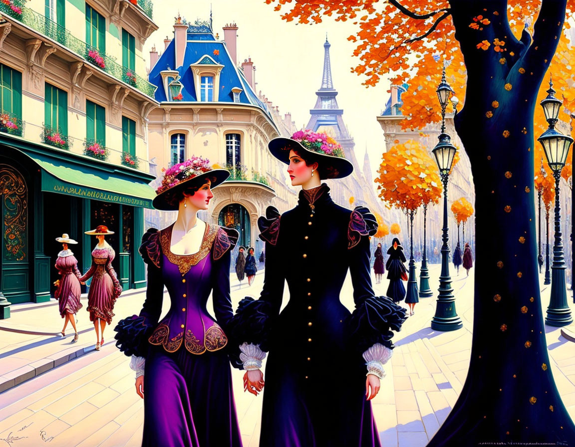 Two women in vintage dresses and hats on vibrant Parisian street.