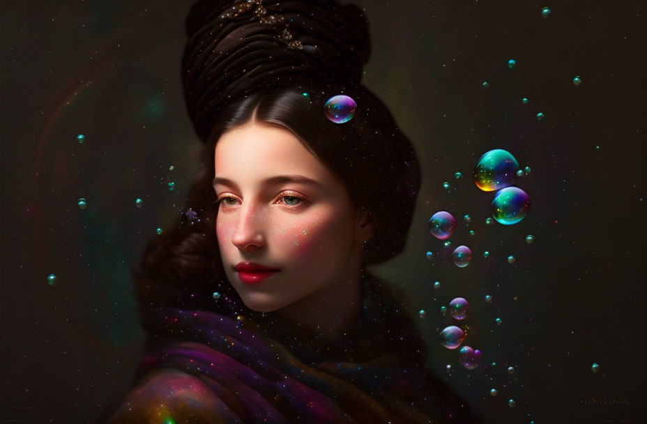 Intricate updo portrait with iridescent bubbles on dark background