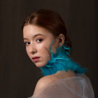 Woman with delicate makeup, braided hair, blue streak, and floral gown poses elegantly