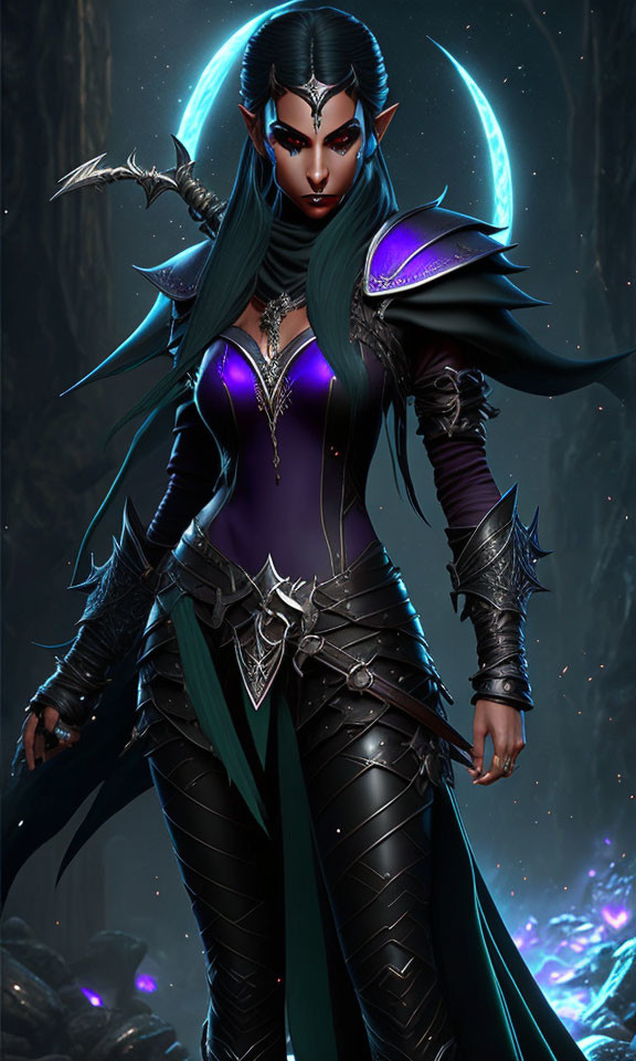 Fantasy female elf character in dark armor with crescent moon background