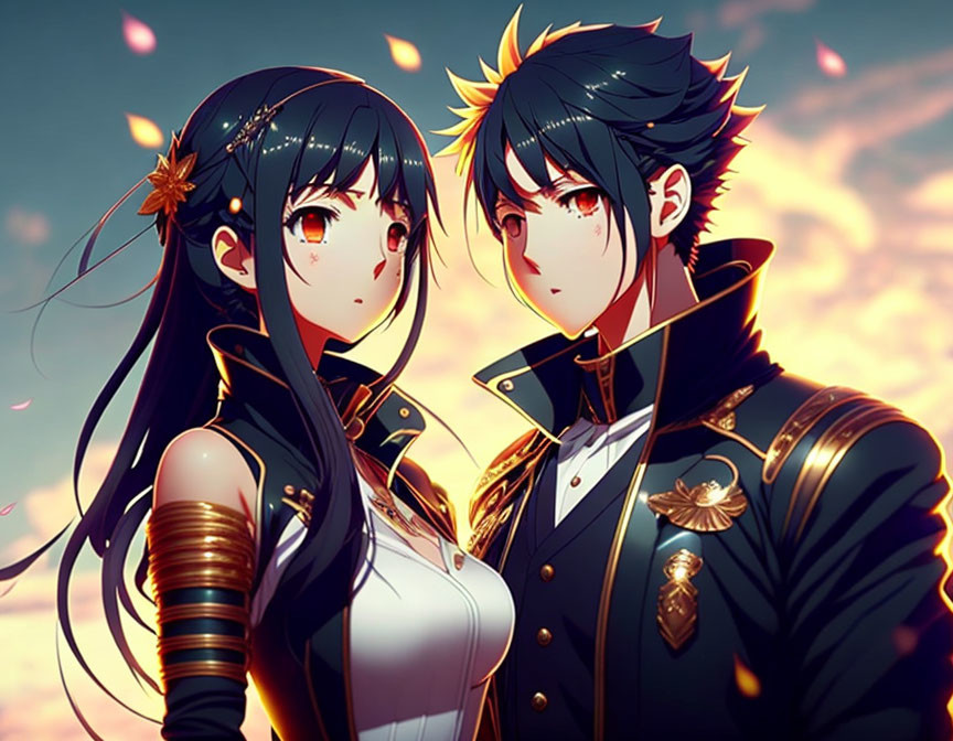 Dark-Haired Animated Characters in Military Uniforms Against Sunset Sky
