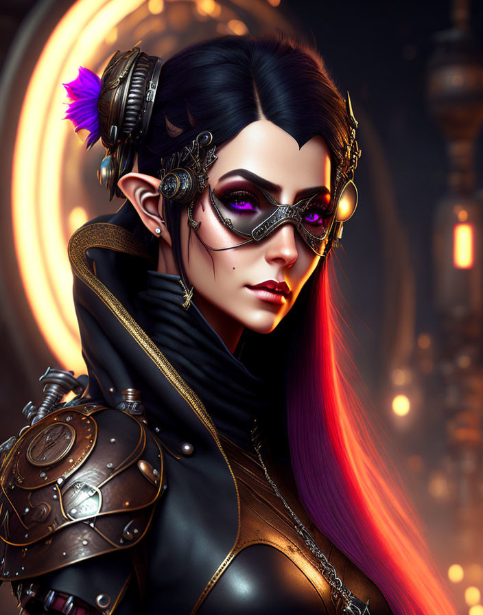 Female elf digital artwork with ombre hair, steampunk goggles, ear cuffs, and armor
