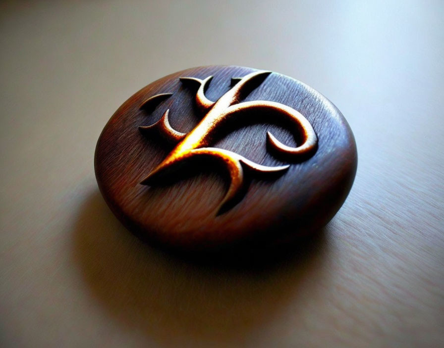 Intricate Swirling Design Carved Wooden Token on Smooth Surface