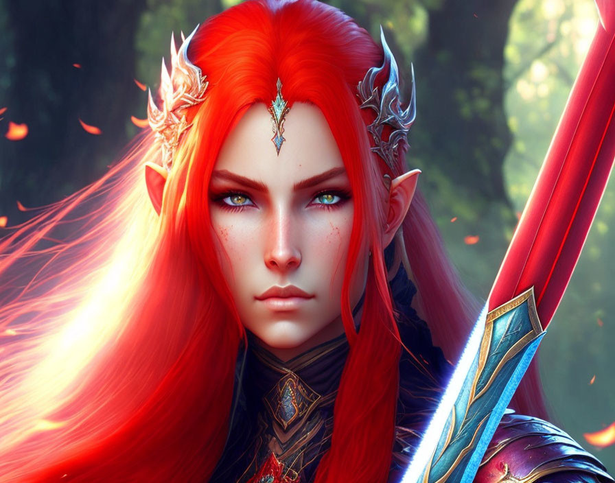 Fantasy artwork of character with fiery red hair, green eyes, ornate armor
