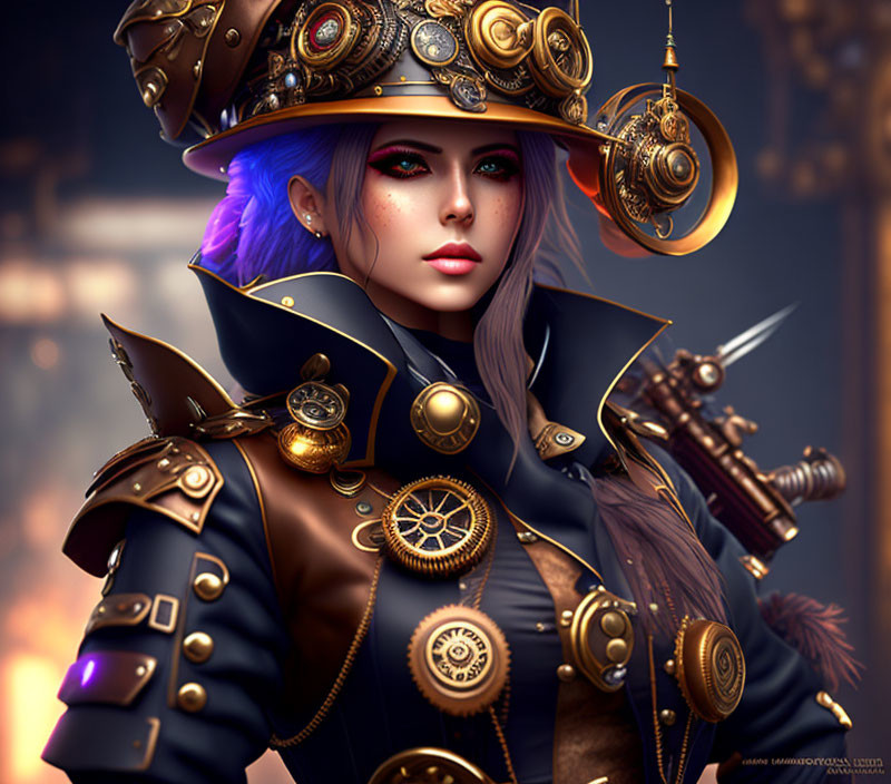 Violet-haired woman in steampunk attire with mechanical hat