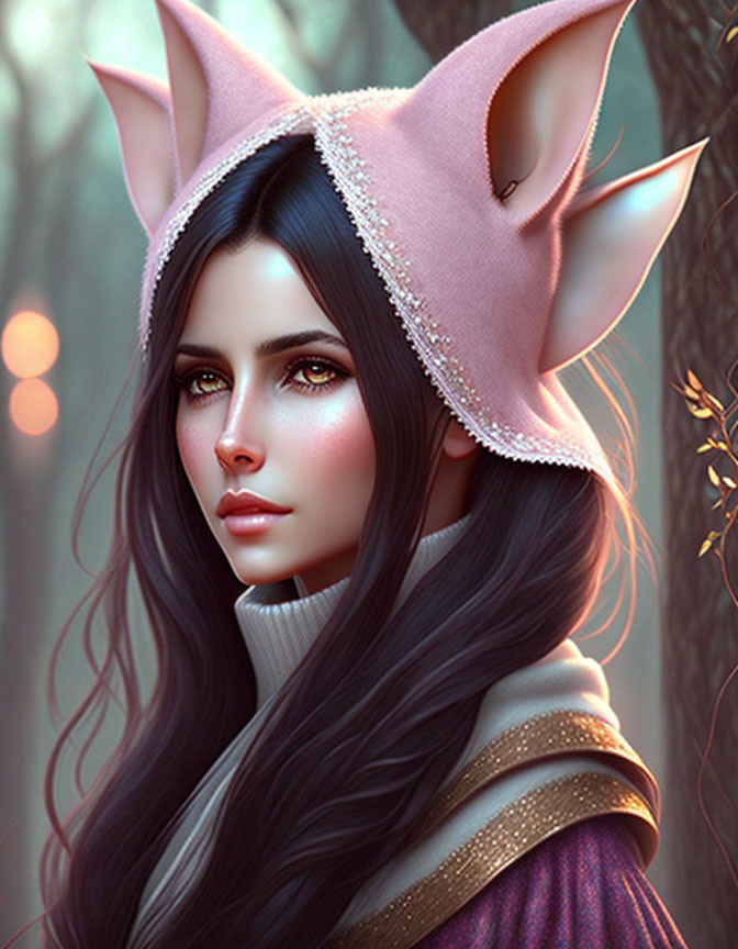 Digital artwork: Woman with cat ears in pink hood and sweater against forest backdrop