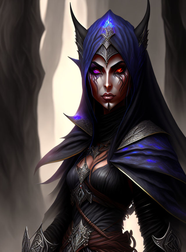 Fantasy female character in dark armor with horned helmet and purple glowing eyes
