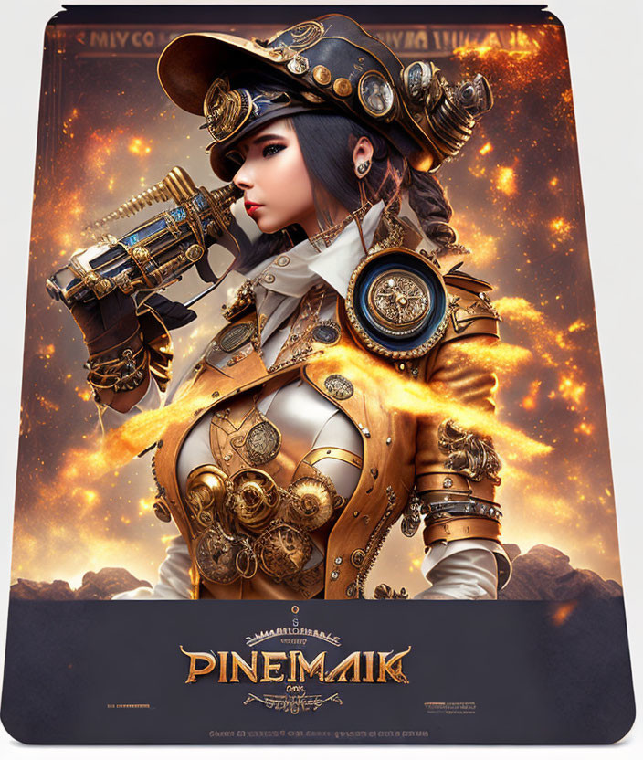 Steampunk-inspired woman in ornate attire with gears and telescope