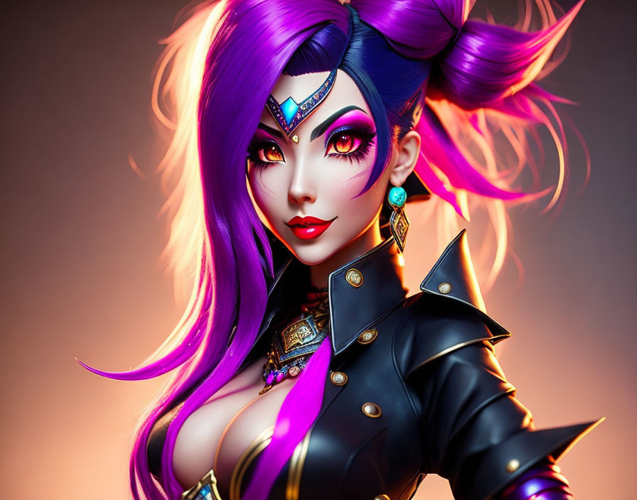 Vibrant female character with purple hair and exotic jewelry on warm backdrop