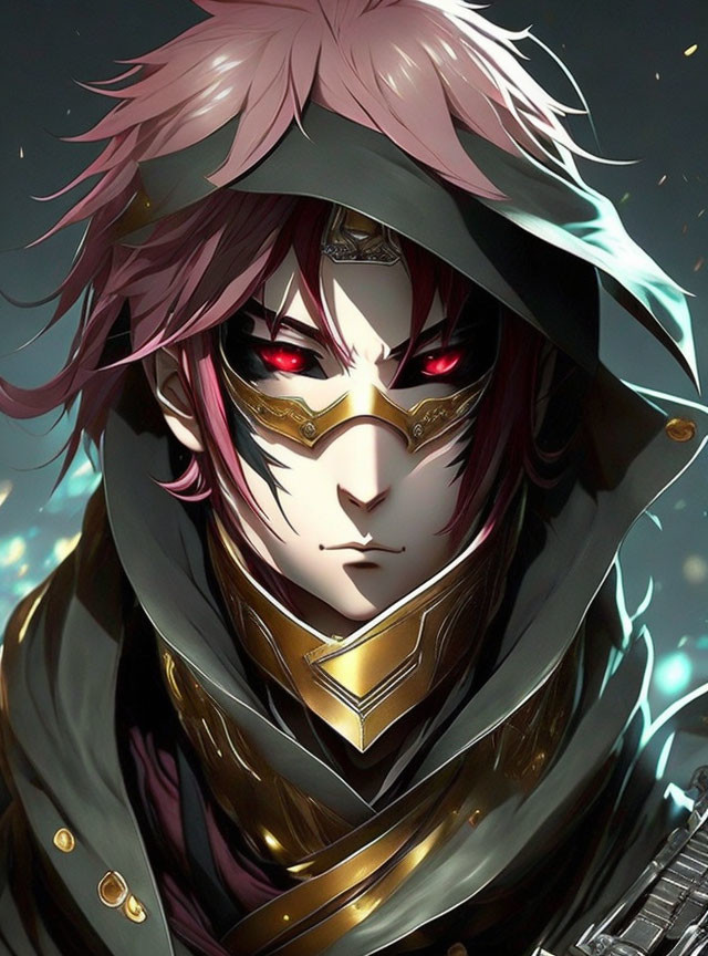 Character with Pink Hair, Golden Mask, and Armor on Dark Background