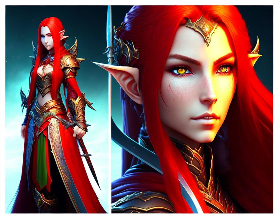 Red-haired elven warrior in red and gold armor with pointed ears and striking red eyes.