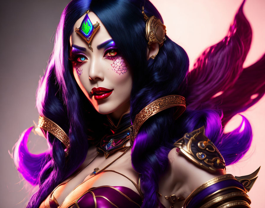 Vibrant purple-haired female character in gold armor with gem-encrusted headpiece