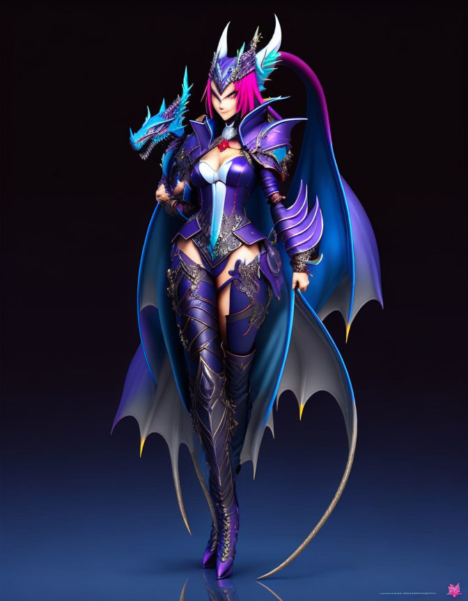 Female warrior digital artwork in purple and blue dragon-themed armor with fantasy weapon