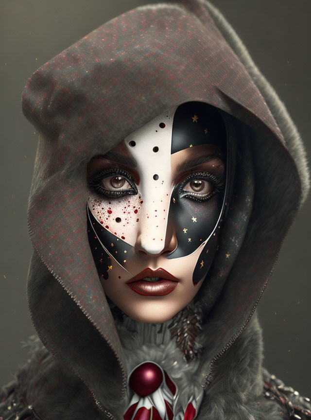 Person with Celestial-Themed Face Paint and Star-Speckled Hood