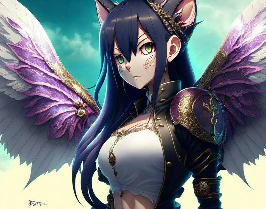 Anime-style character with dark hair, feline ears, purple wings, and intricate clothing in sky setting