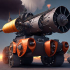 Fantasy-themed orange and gold armored tank with multiple cannons and riders shooting flames.