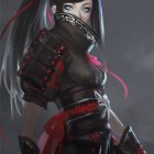 Fantasy female character with pale skin, long black hair, red eyes, dark armor, and claw