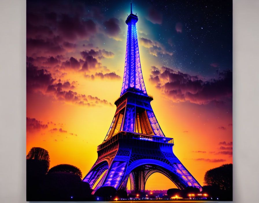 Iconic Eiffel Tower at sunset with starry night backdrop