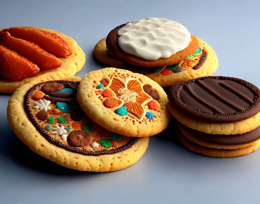 Assorted Decorated Cookies on Blue Background