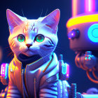 Stylized cat and robot with detailed lighting in digital art