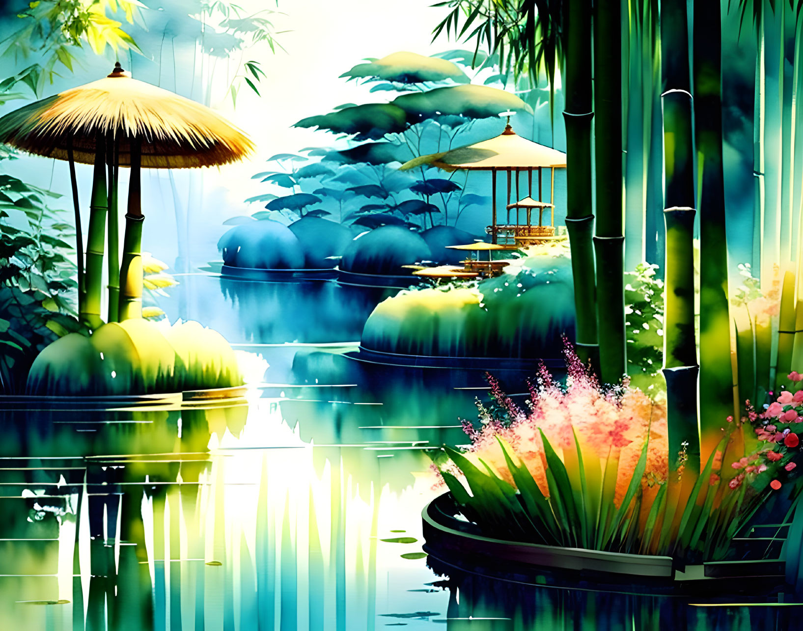 Digital Art: Peaceful Garden with Bamboo, Pond, and Traditional Structures