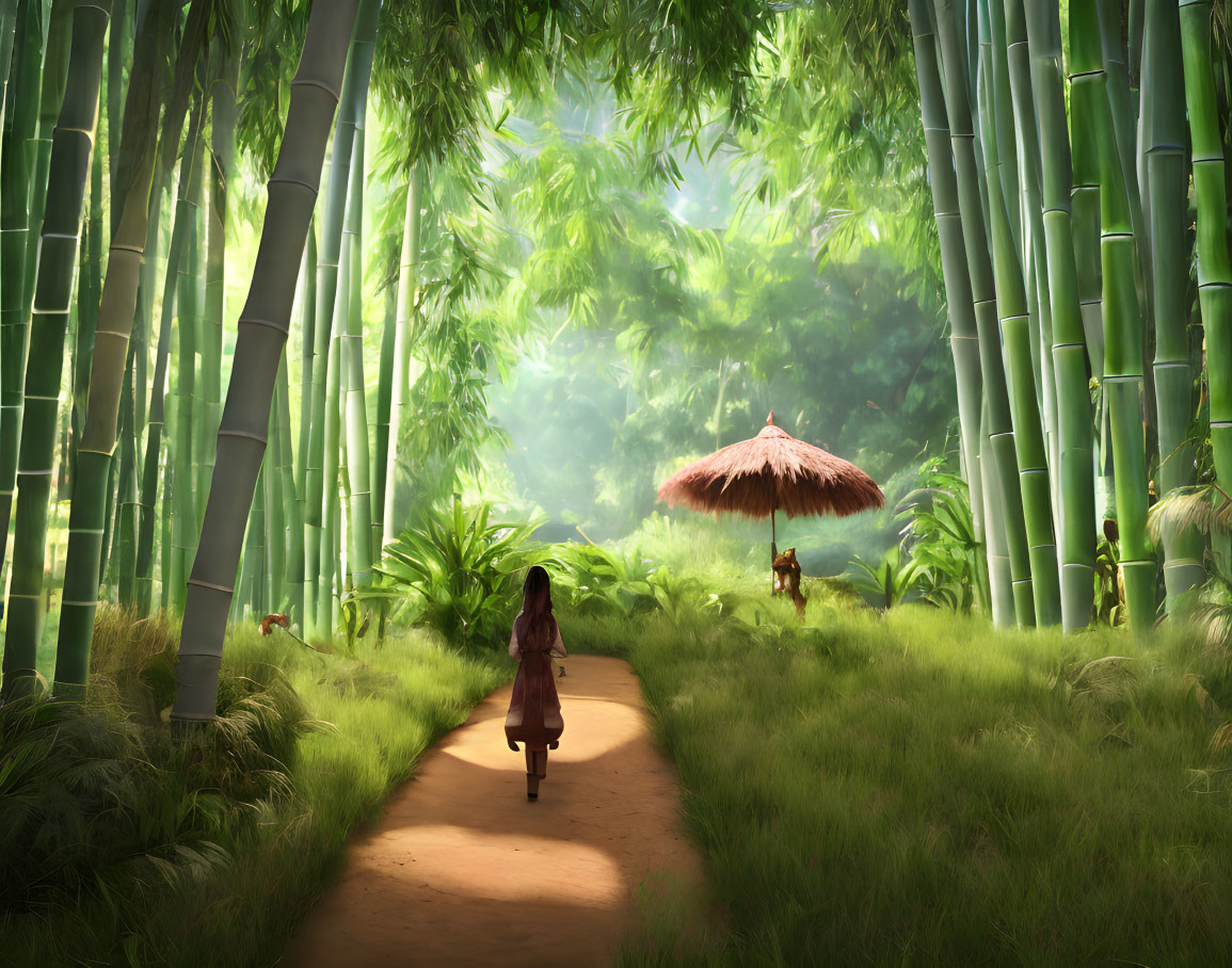 Person walking in lush bamboo forest with thatched-roof structure afar