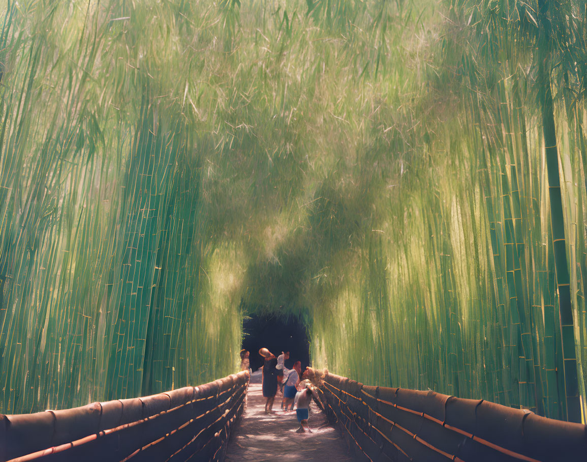 Tranquil bamboo grove pathway with people walking through dense bamboo tunnel