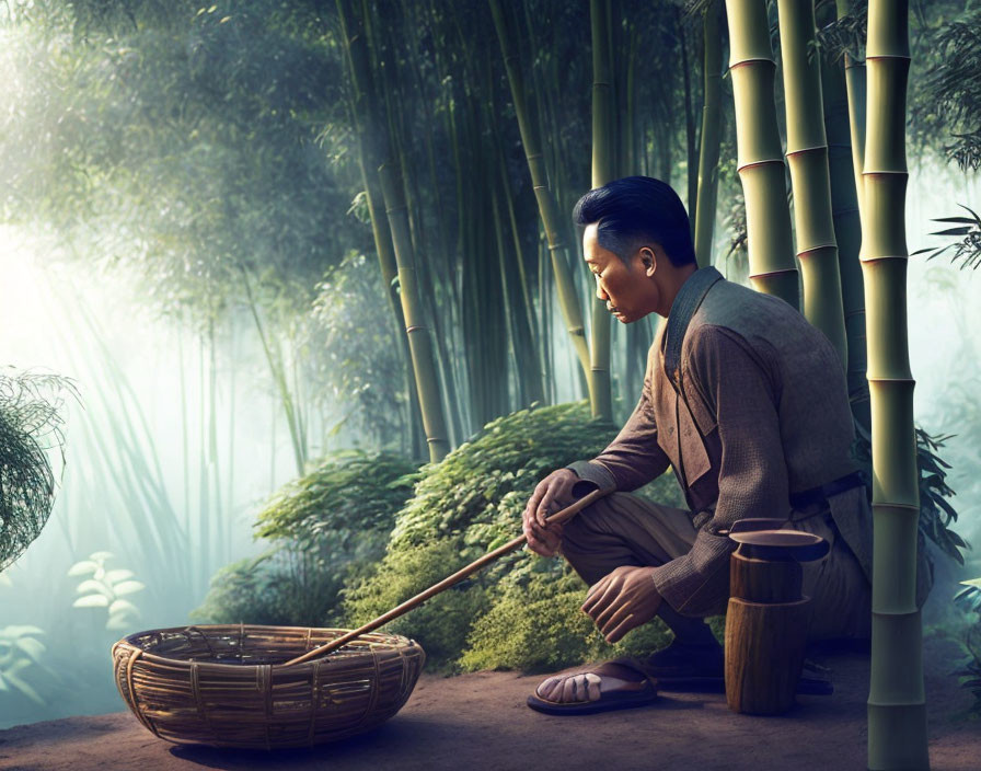Man in traditional attire drawing water from well in bamboo forest with mist.
