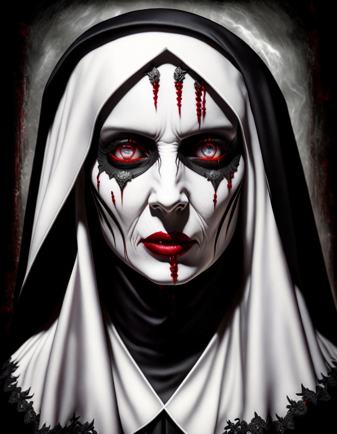 Portrait of person with horror-themed nun makeup in black and white attire, red eyes, red-black facial