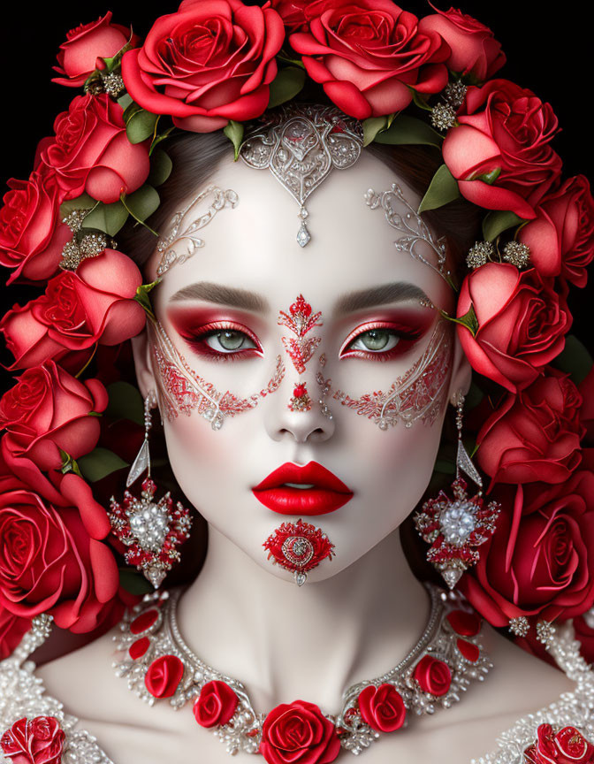 Woman with Striking Red Makeup and Rose Crown Exudes Mystical Aura