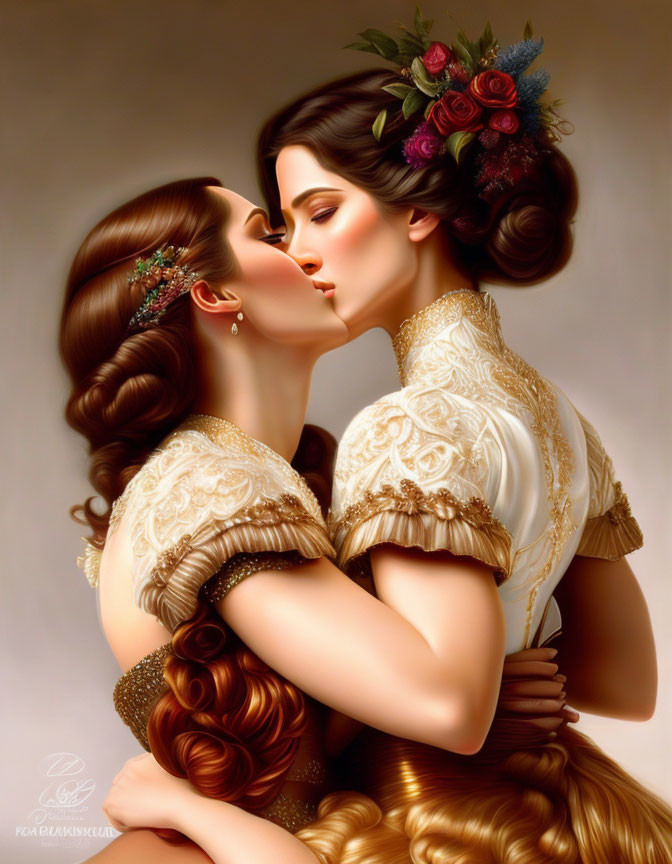 Digital painting of two women in elegant white dresses embracing and kissing with flowers in their hair