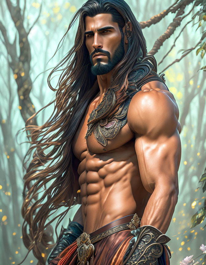 Muscular fantasy character in chest plate and bracers in misty forest