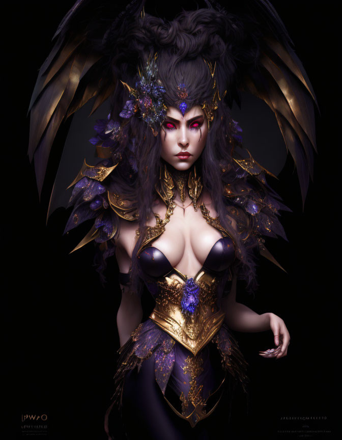 Fantasy-themed costume with dark wings and golden armor corset