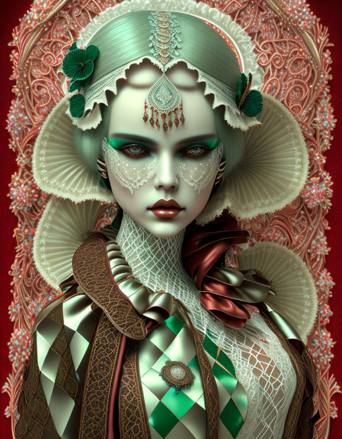 Fantastical female figure with pale skin and green eyes in ornate attire on red background