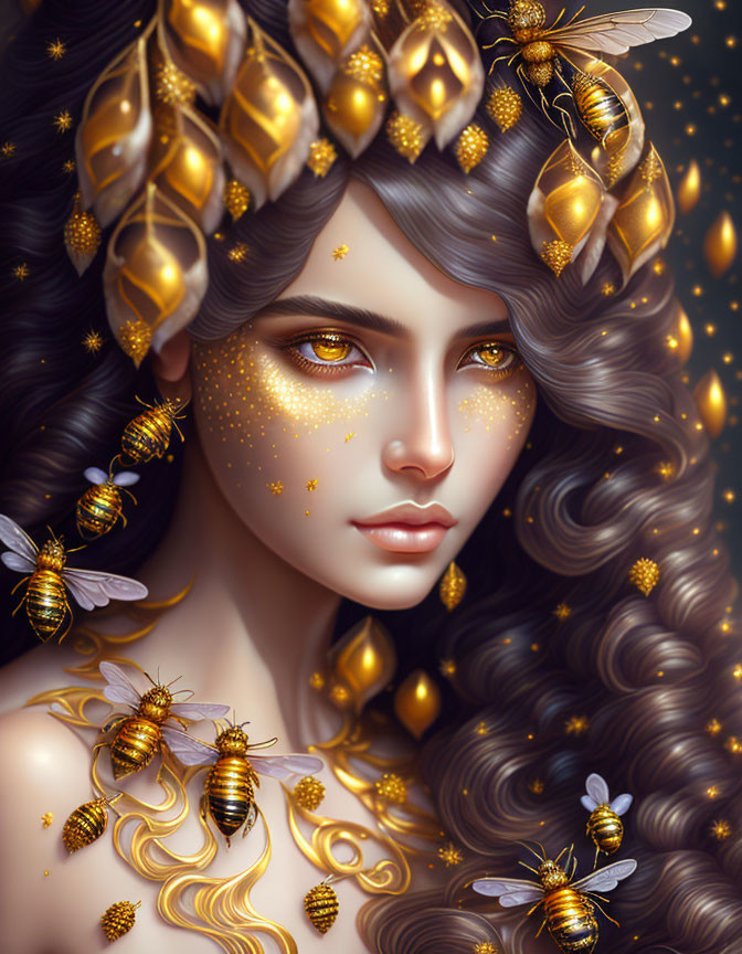 Fantasy portrait of woman with golden bee-themed jewelry and luminescent bees in starry setting