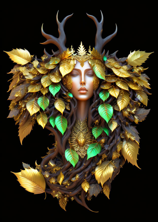 Woman's face with golden leaf headdress on black background