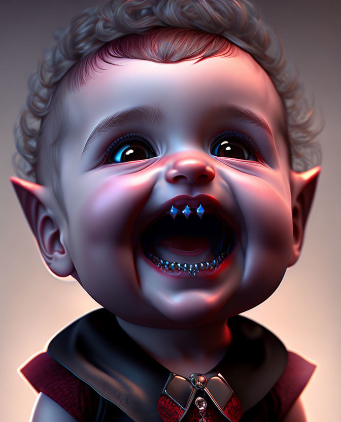 3D illustration of a joyous baby with elf-like ears and sharp teeth in a cape