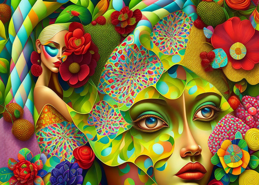 Vibrant surreal artwork with stylized woman's face and floral elements